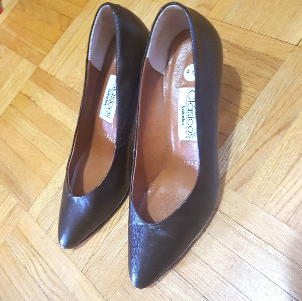Vintage ALL Leather pumps heels shoes Dark Brown